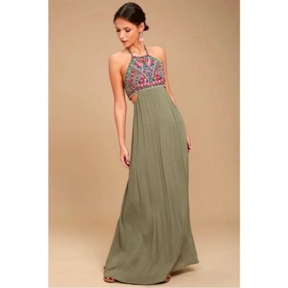 Lulu's Olive Green Maxi Dress with Multicolor Embroidered Bodice